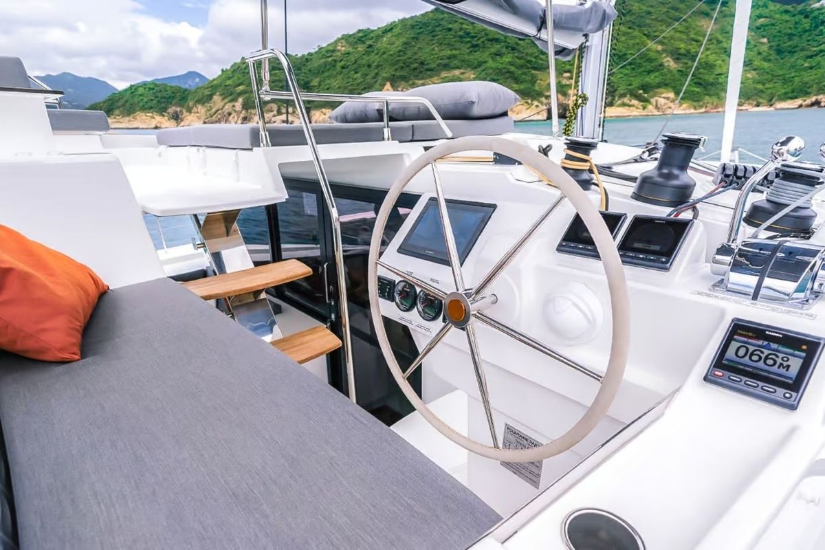 Cockpit of Blue Angel, a Fountaine Pajot Tanna 47 catamaran at Fethiye, Turkey