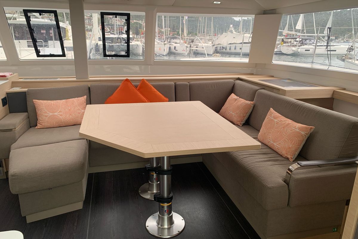 Salon of Blue Angel, a Fountaine Pajot Tanna 47 catamaran at Fethiye, Turkey