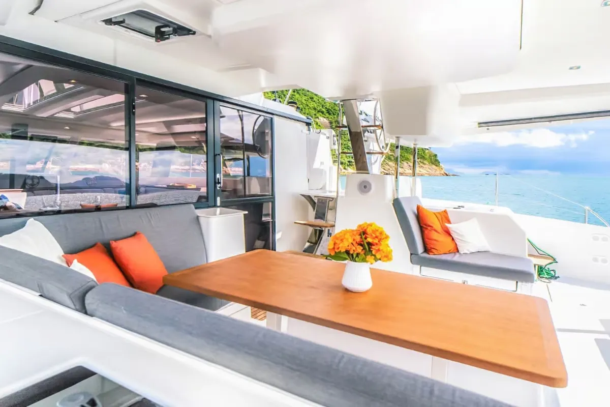 Deck of Blue Angel, a Fountaine Pajot Tanna 47 catamaran at Fethiye, Turkey