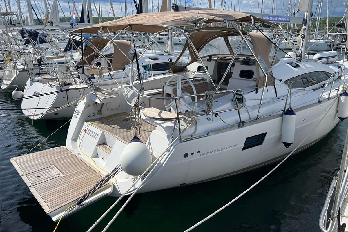 Exterior view of Heidi, a Elan Impression 45 sailboat at Punat, Croatia