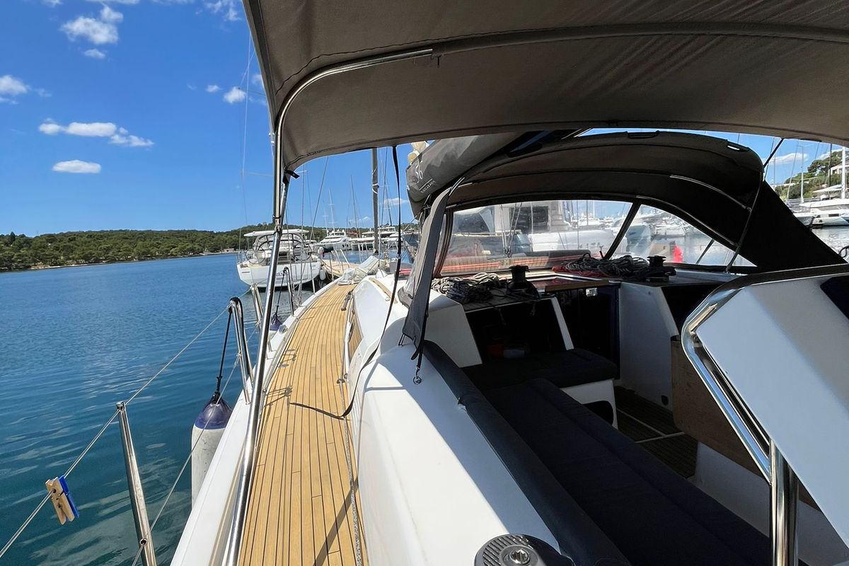 Exterior view of Epsilon, a Dufour 56 Exclusive sailboat at Grad Šibenik, Croatia