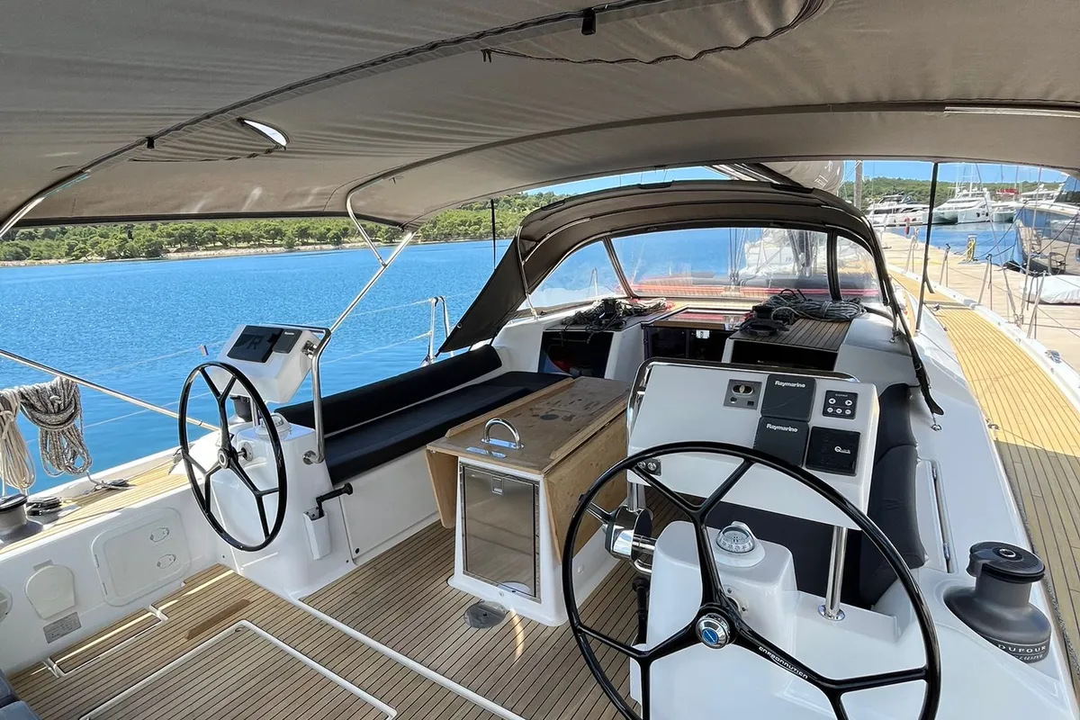 Exterior view of Epsilon, a Dufour 56 Exclusive sailboat at Grad Šibenik, Croatia