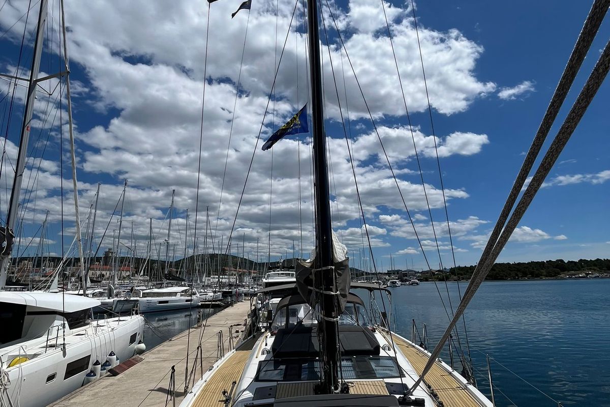 Deck of Epsilon, a Dufour 56 Exclusive sailboat at Grad Šibenik, Croatia
