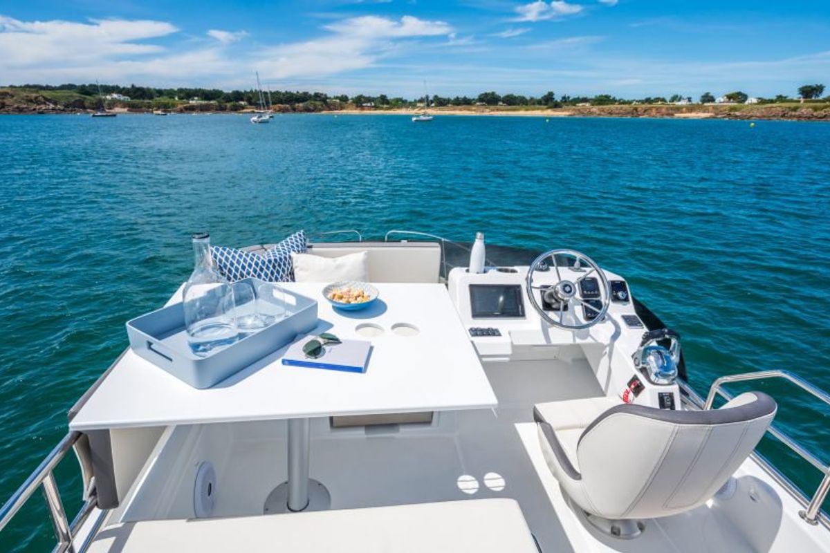 Deck of Jean, a Beneteau Antares 11 Fly OB motorboat at Punat, Croatia