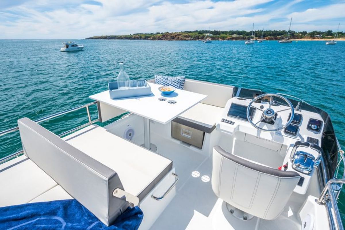 Deck of Jean, a Beneteau Antares 11 Fly OB motorboat at Punat, Croatia