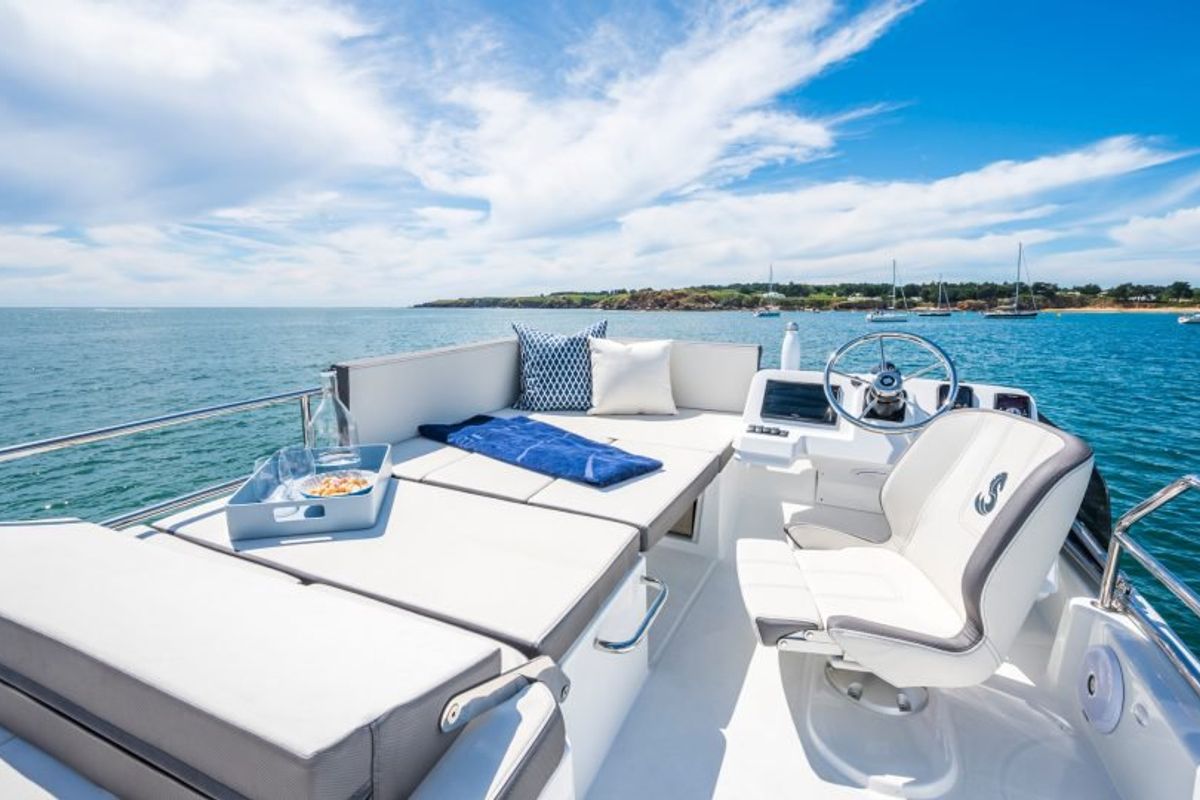Deck of Jean, a Beneteau Antares 11 Fly OB motorboat at Punat, Croatia