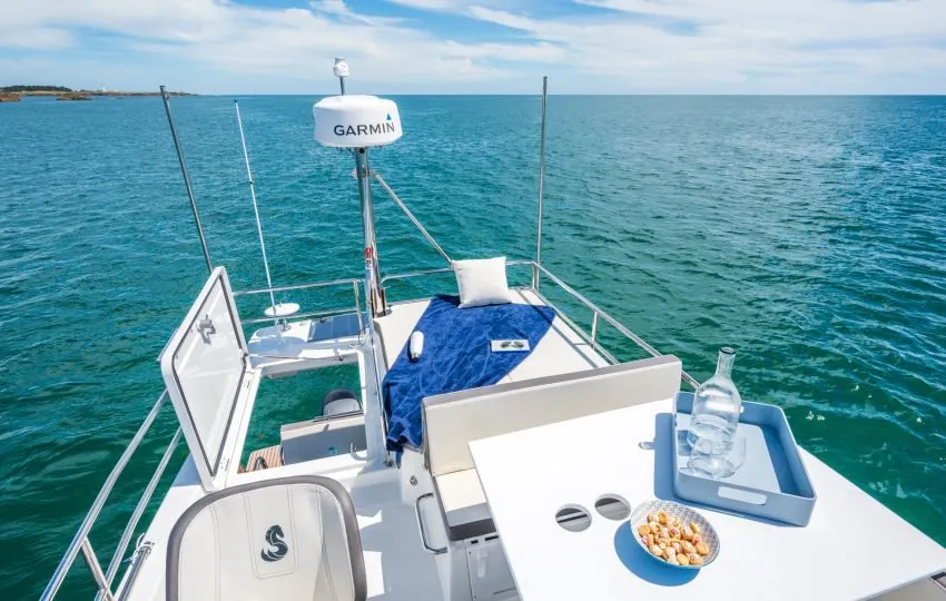 Deck of Jean, a Beneteau Antares 11 Fly OB motorboat at Punat, Croatia