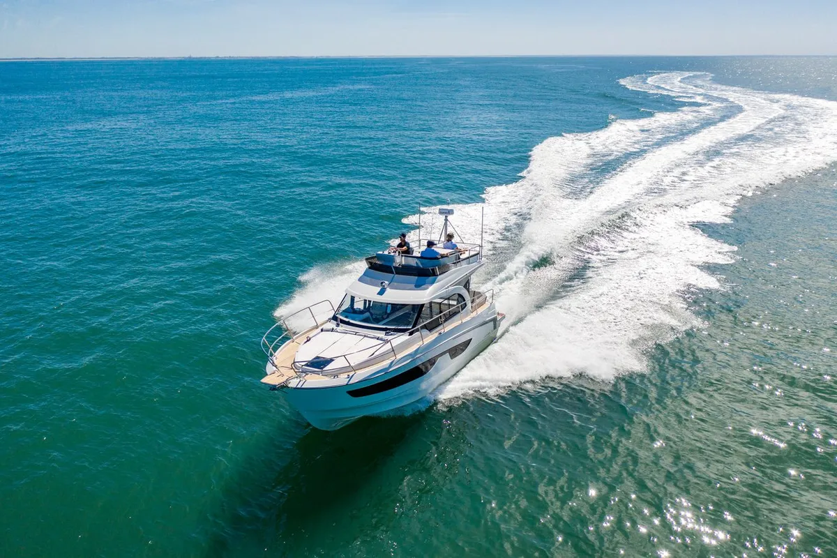 Exterior view of Jean, a Beneteau Antares 11 Fly OB motorboat at Punat, Croatia
