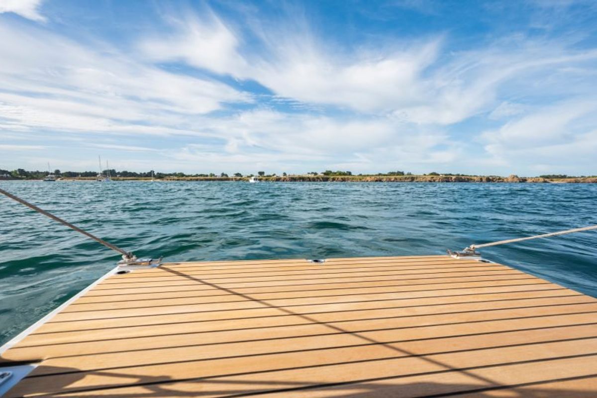 Deck of Jean, a Beneteau Antares 11 Fly OB motorboat at Punat, Croatia