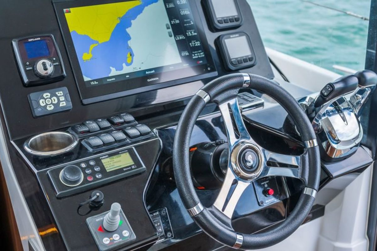 Cockpit of Jean, a Beneteau Antares 11 Fly OB motorboat at Punat, Croatia