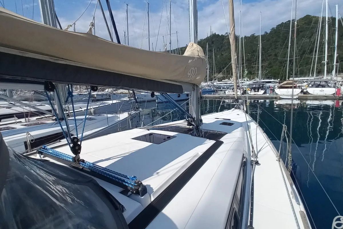 Deck of Julia, a Dufour 410 Grand Large sailboat at Marmaris, Turkey