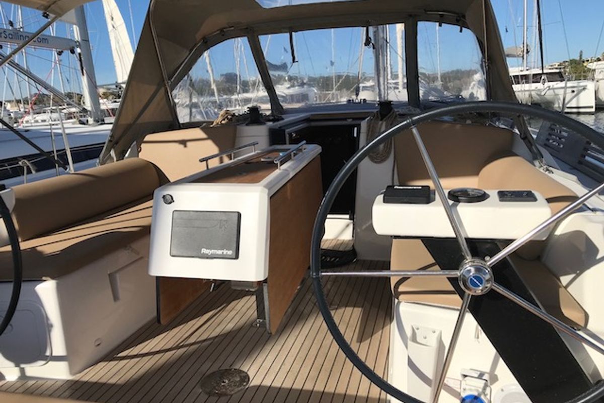 Exterior view of RIIDII, a Dufour 390 Grand Large sailboat at Municipal Unit of Rhodes, Greece