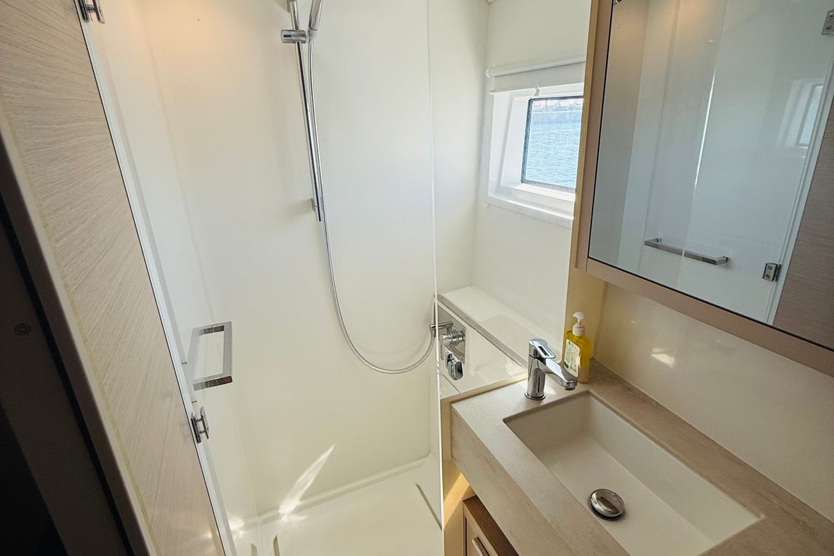 Exterior view of CARCHARIAS, a Lagoon 46 catamaran at Gouvia, Greece