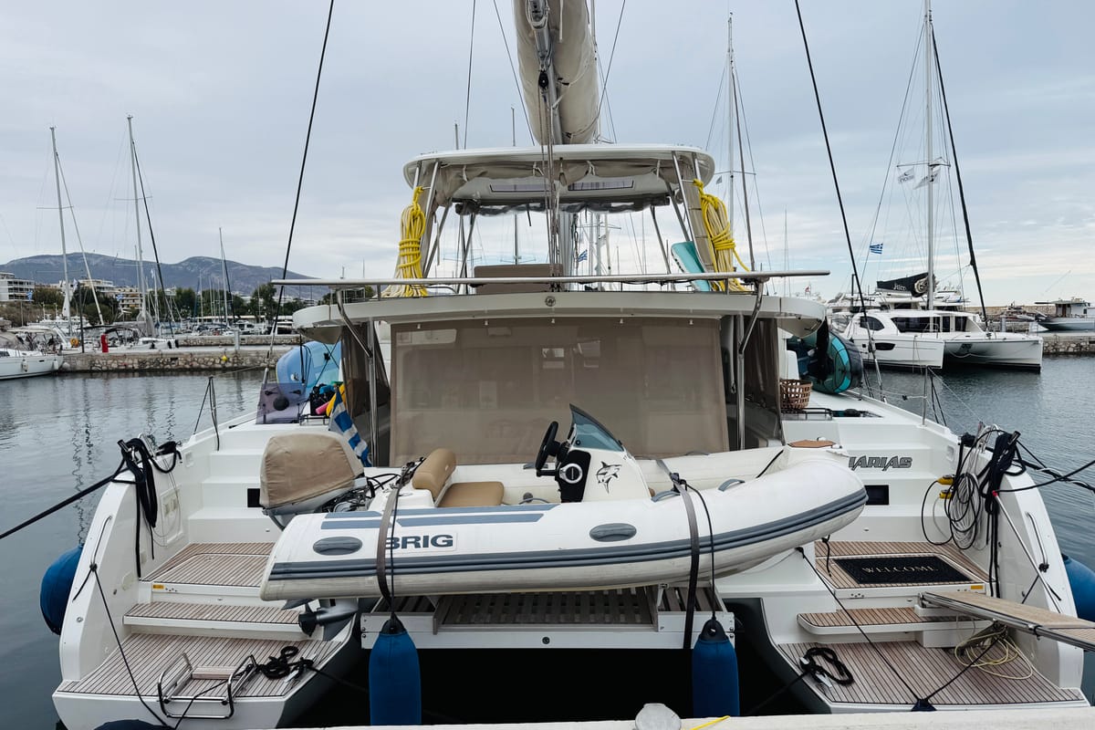 Exterior view of CARCHARIAS, a Lagoon 46 catamaran at Gouvia, Greece