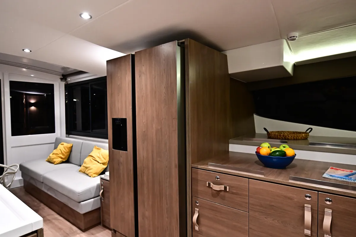 Salon of Arche IV, a Bali 4.8 catamaran at Salerno, Italy