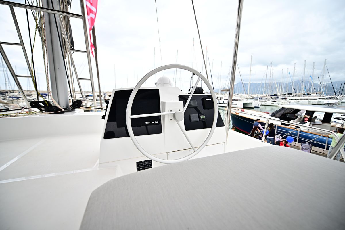 Cockpit of Arche IV, a Bali 4.8 catamaran at Salerno, Italy