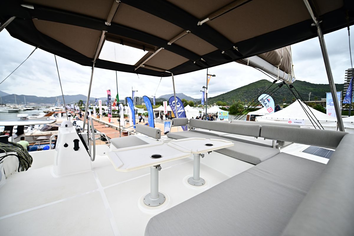 Deck of Arche IV, a Bali 4.8 catamaran at Salerno, Italy