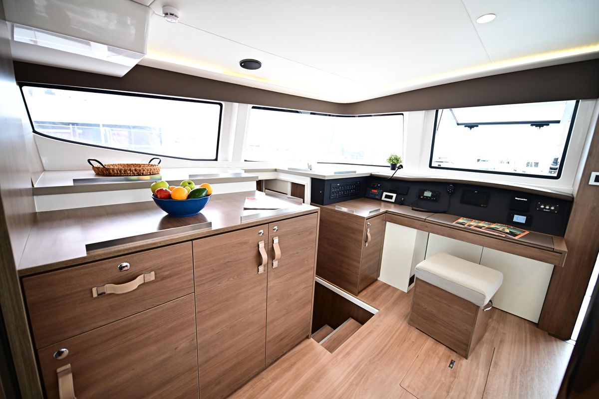 Cockpit of Arche IV, a Bali 4.8 catamaran at Salerno, Italy