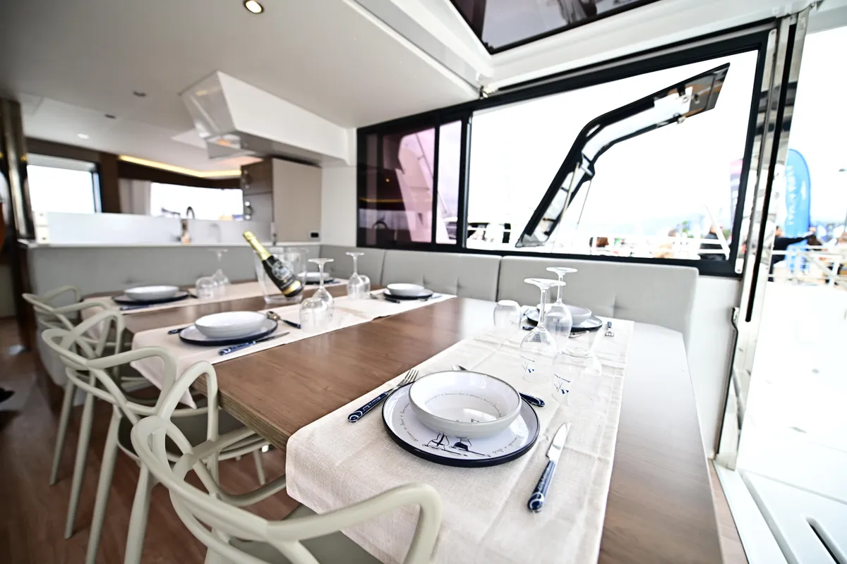 Salon of Arche IV, a Bali 4.8 catamaran at Salerno, Italy