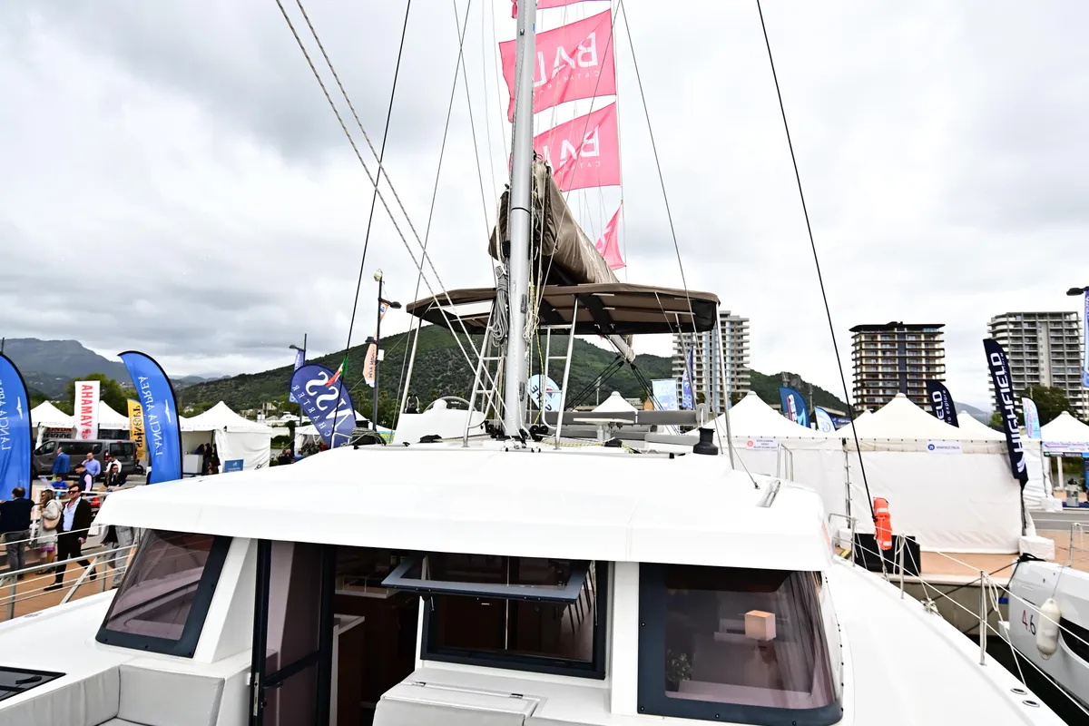 Exterior view of Arche IV, a Bali 4.8 catamaran at Salerno, Italy