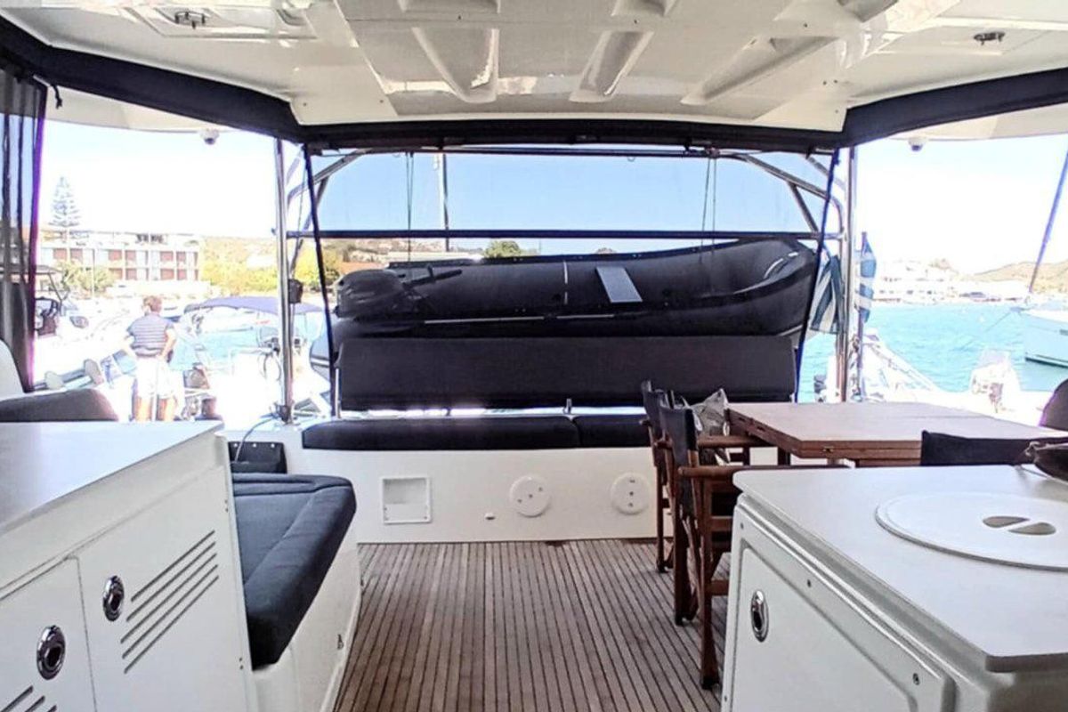 Cockpit of Diamanti IV, a Lagoon 46 catamaran at Skiathos, Greece