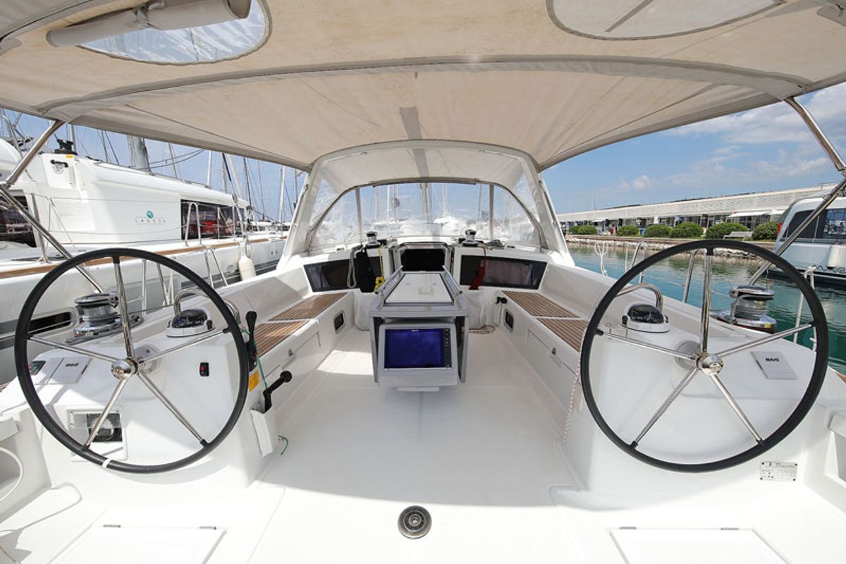 Cockpit of San Clemente, a Beneteau Oceanis 48 sailboat at Općina Sukošan, Croatia