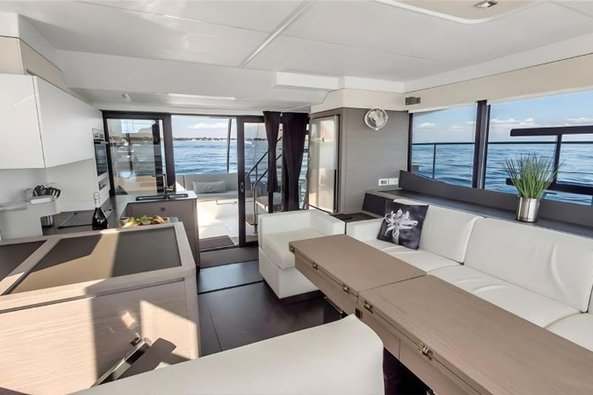 Salon of Red Lyon, a Fountaine Pajot MY5 catamaran at Central Abaco, Bahamas