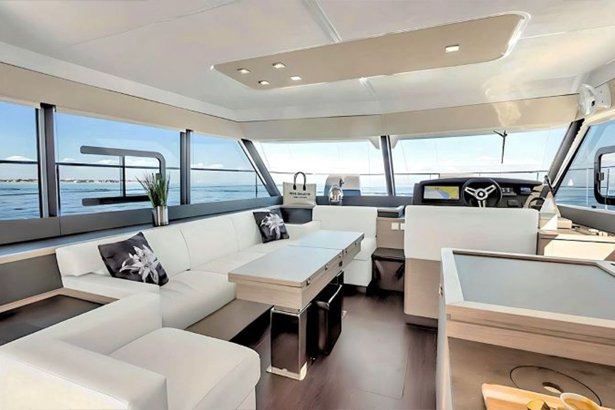 Salon of Red Lyon, a Fountaine Pajot MY5 catamaran at Central Abaco, Bahamas