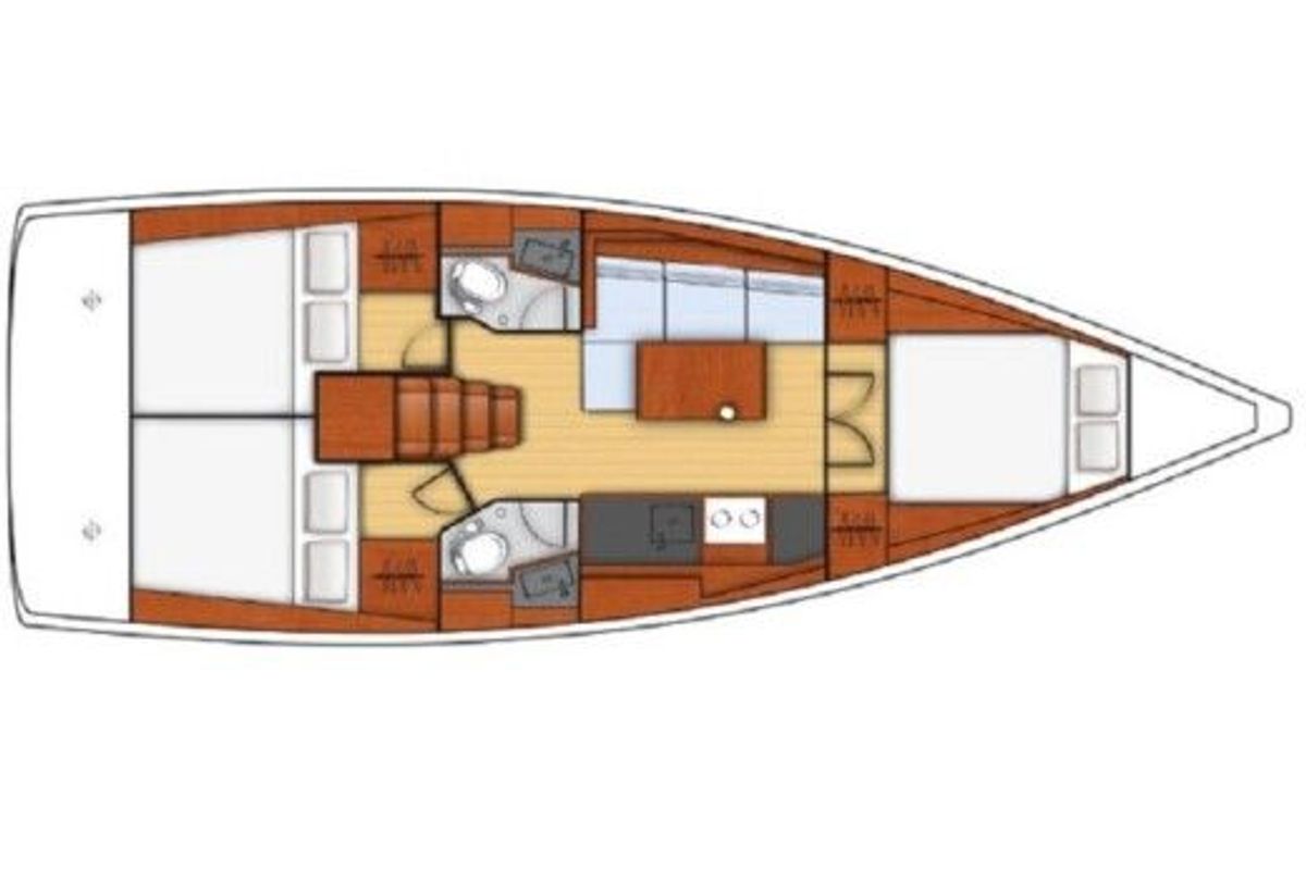 Floor plan of L'Una Grossa, a Beneteau Oceanis 38.1 sailboat at Tonnarella, Italy