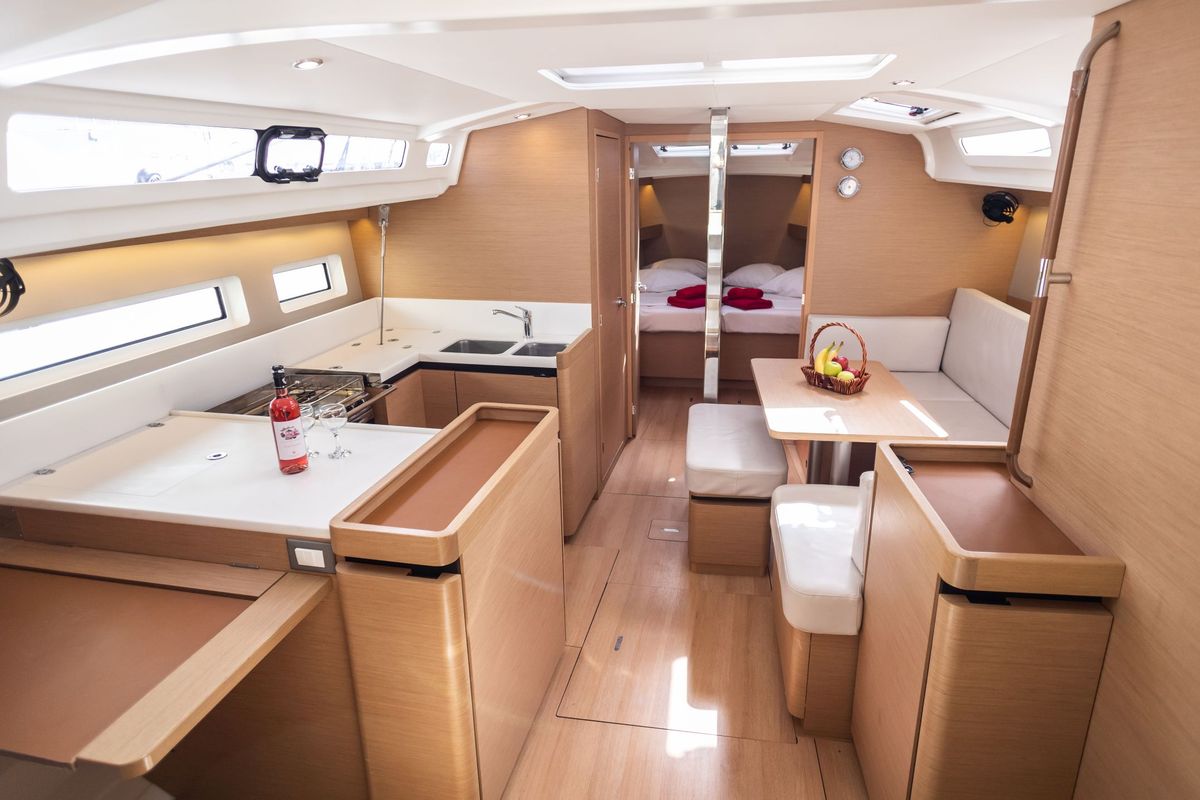 Salon of Irini, a Jeanneau Sun Odyssey 440 sailboat at Kontokali, Greece