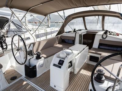 Cockpit of Irini, a Jeanneau Sun Odyssey 440 sailboat at Kontokali, Greece