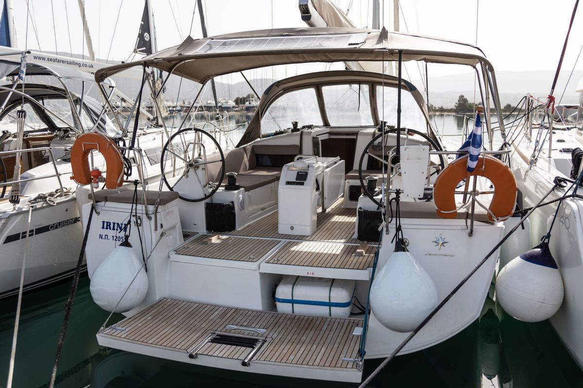 Exterior view of Irini, a Jeanneau Sun Odyssey 440 sailboat at Kontokali, Greece
