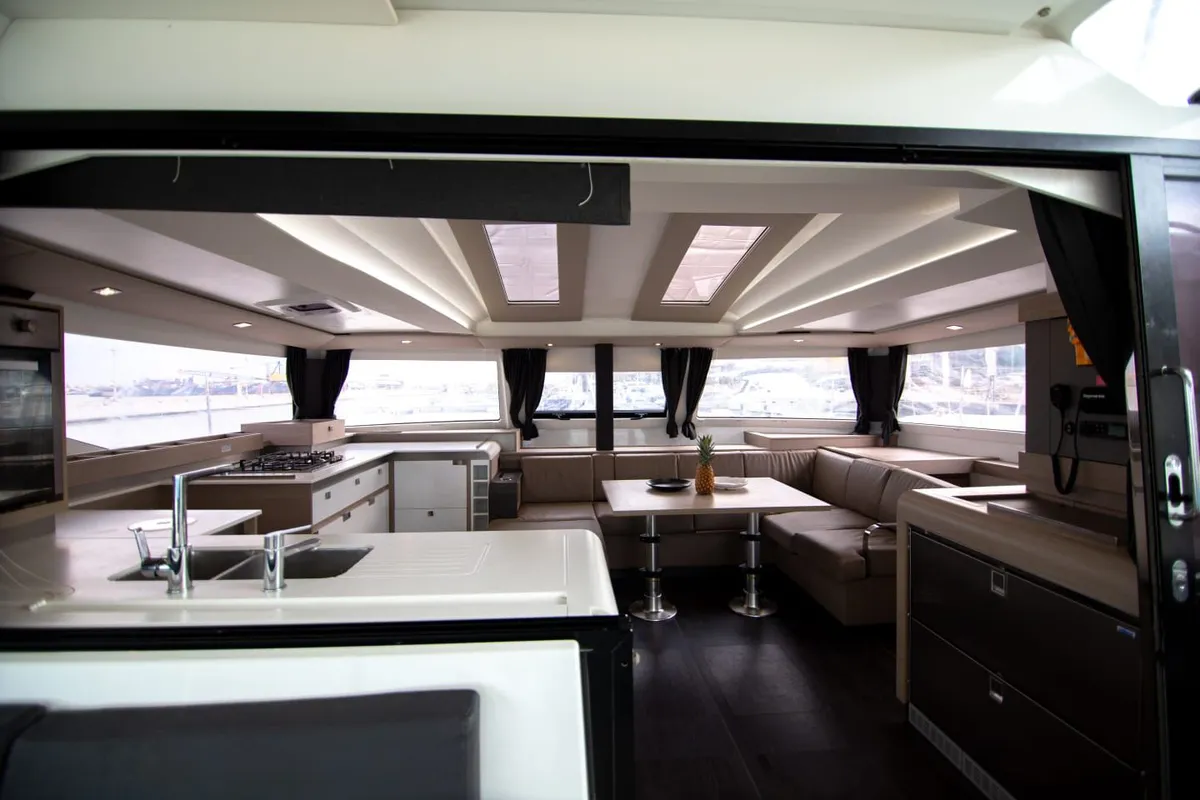 Galley of Nireas, a Fountaine Pajot Elba 45 catamaran at Tourlos, Greece