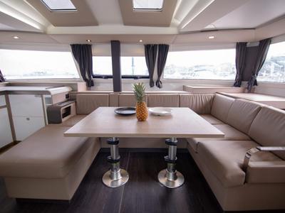 Salon of Nireas, a Fountaine Pajot Elba 45 catamaran at Tourlos, Greece