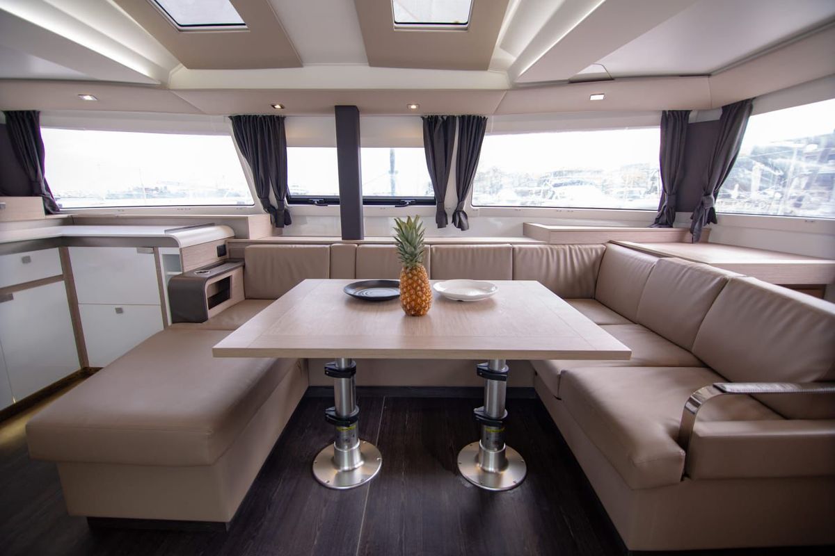 Salon of Nireas, a Fountaine Pajot Elba 45 catamaran at Tourlos, Greece