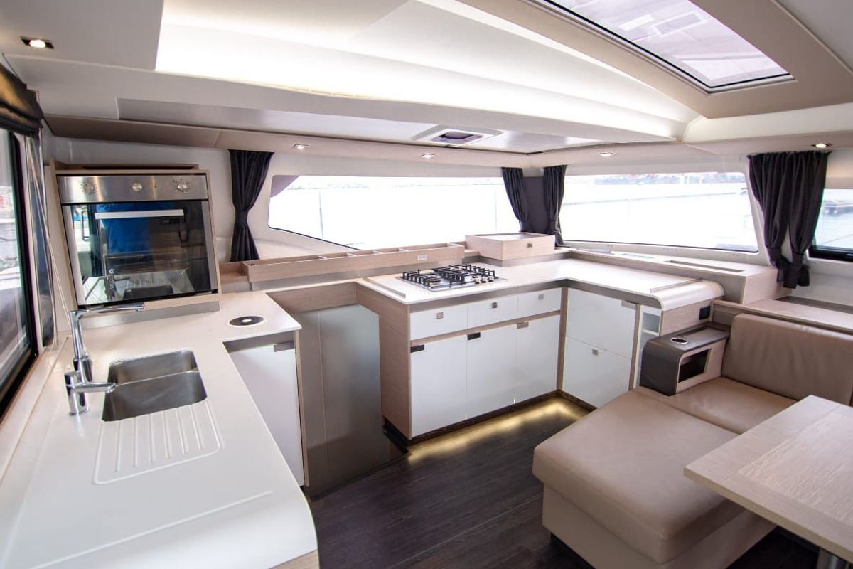 Galley of Nireas, a Fountaine Pajot Elba 45 catamaran at Tourlos, Greece
