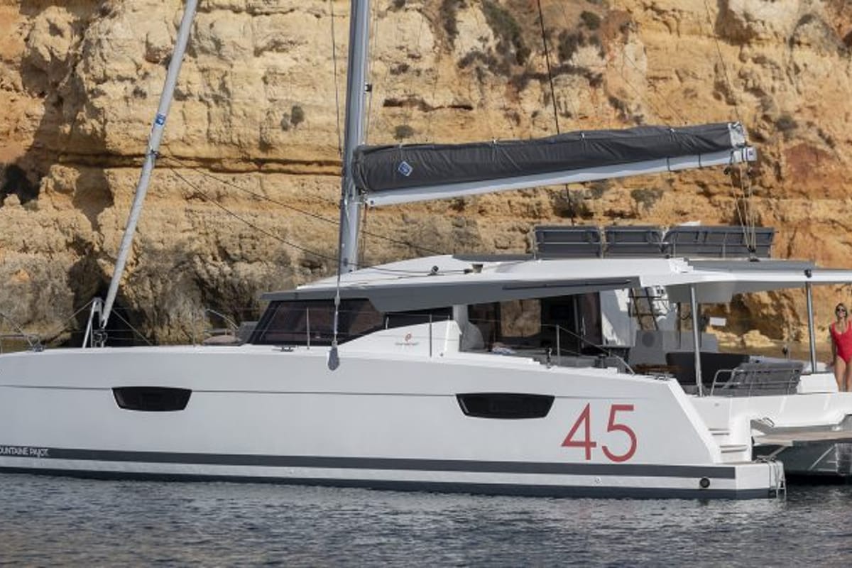 Exterior view of Nireas, a Fountaine Pajot Elba 45 catamaran at Tourlos, Greece