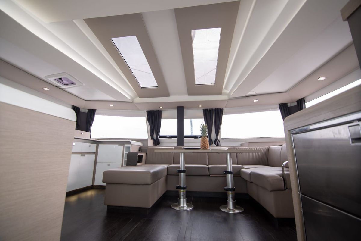 Salon of Nireas, a Fountaine Pajot Elba 45 catamaran at Tourlos, Greece
