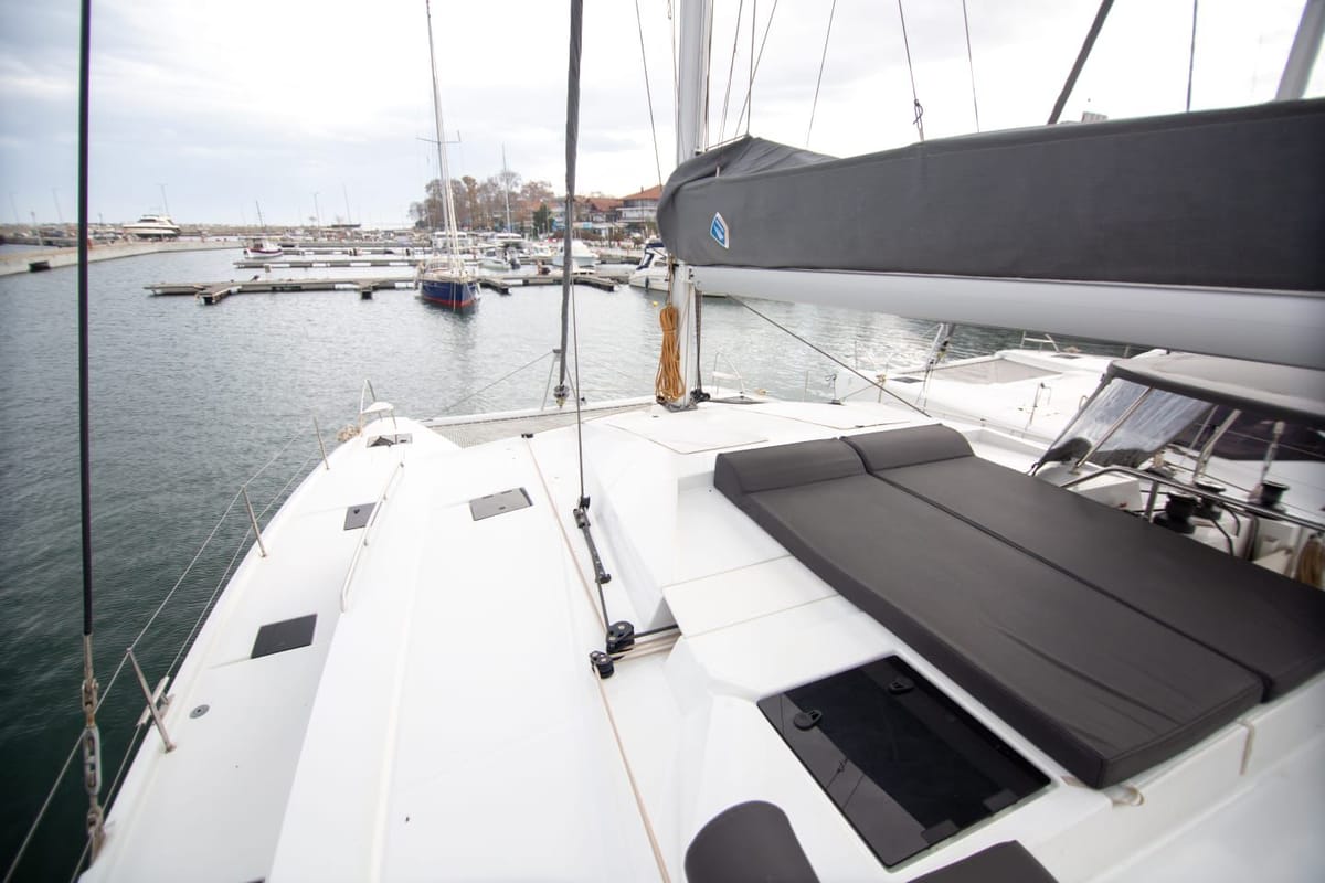 Deck of Nireas, a Fountaine Pajot Elba 45 catamaran at Tourlos, Greece