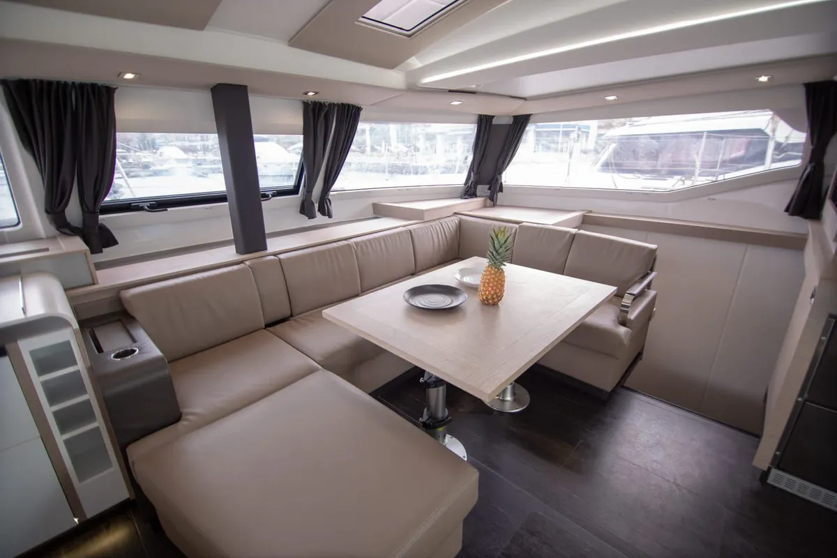 Salon of Nireas, a Fountaine Pajot Elba 45 catamaran at Tourlos, Greece