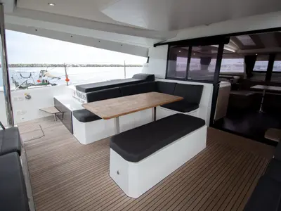 Deck of Nireas, a Fountaine Pajot Elba 45 catamaran at Tourlos, Greece