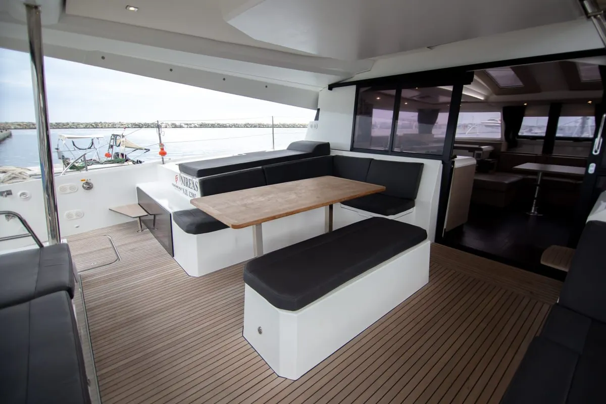 Deck of Nireas, a Fountaine Pajot Elba 45 catamaran at Tourlos, Greece
