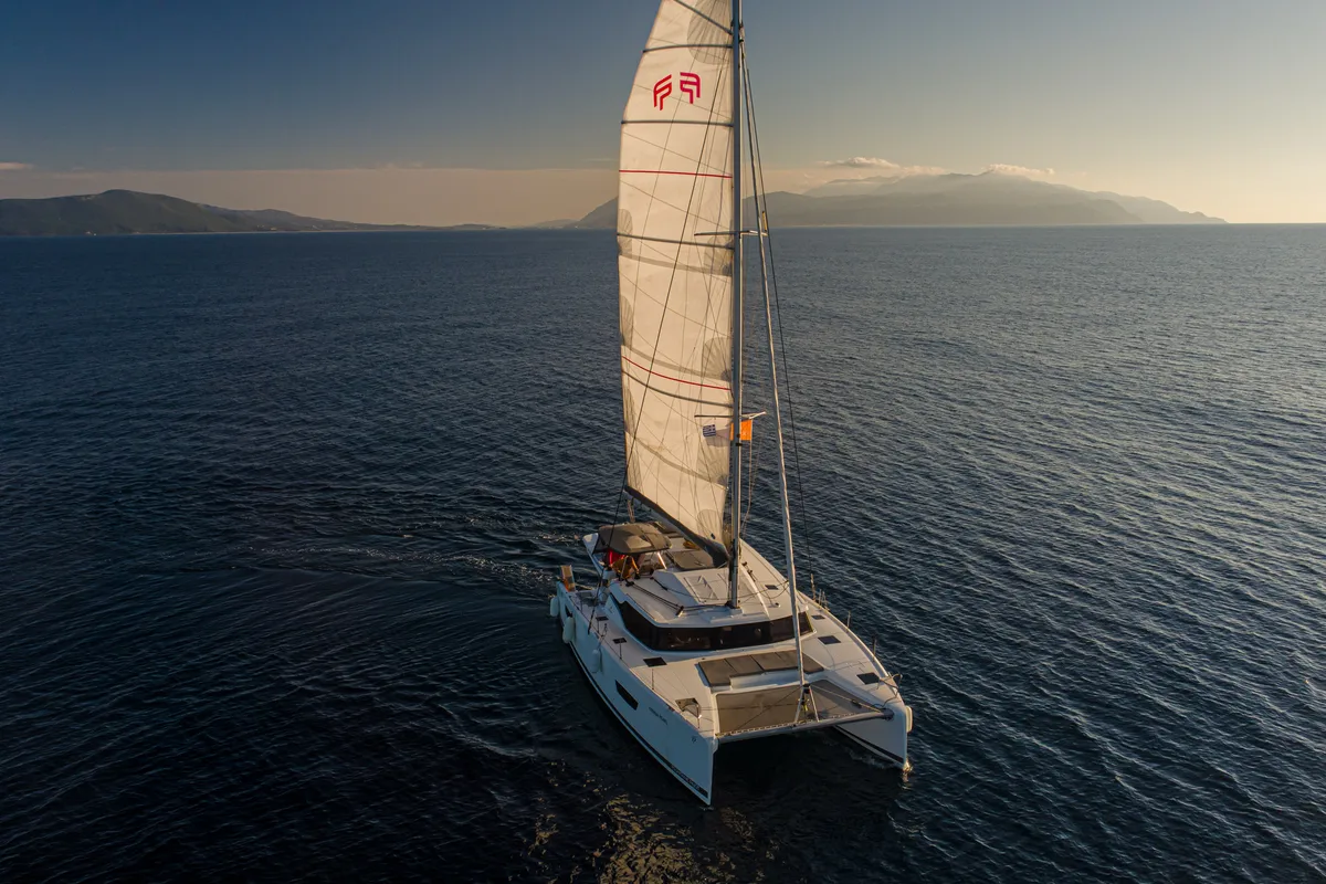 Exterior view of Nireas, a Fountaine Pajot Elba 45 catamaran at Tourlos, Greece