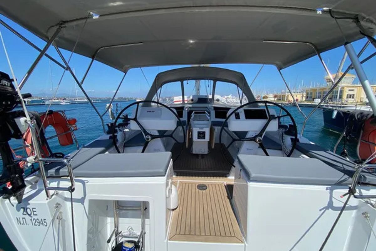 Cockpit of Zoe, a Hanse Yachts Hanse 458 sailboat at Municipal Unit of Ellomenos, Greece