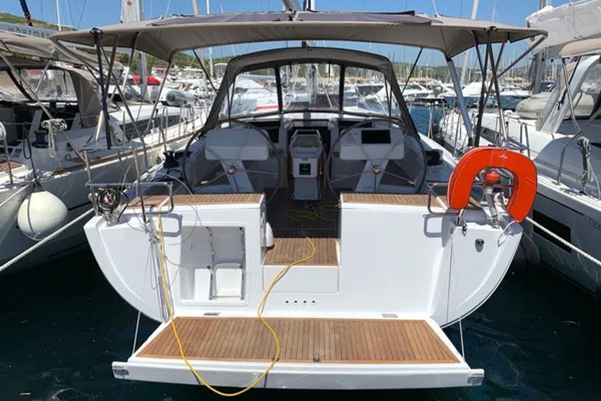 Deck of Zoe, a Hanse Yachts Hanse 458 sailboat at Municipal Unit of Ellomenos, Greece