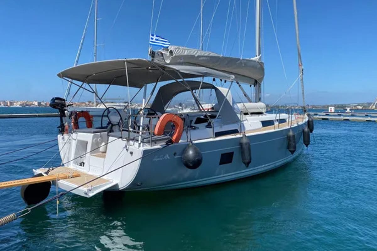Exterior view of Zoe, a Hanse Yachts Hanse 458 sailboat at Municipal Unit of Ellomenos, Greece