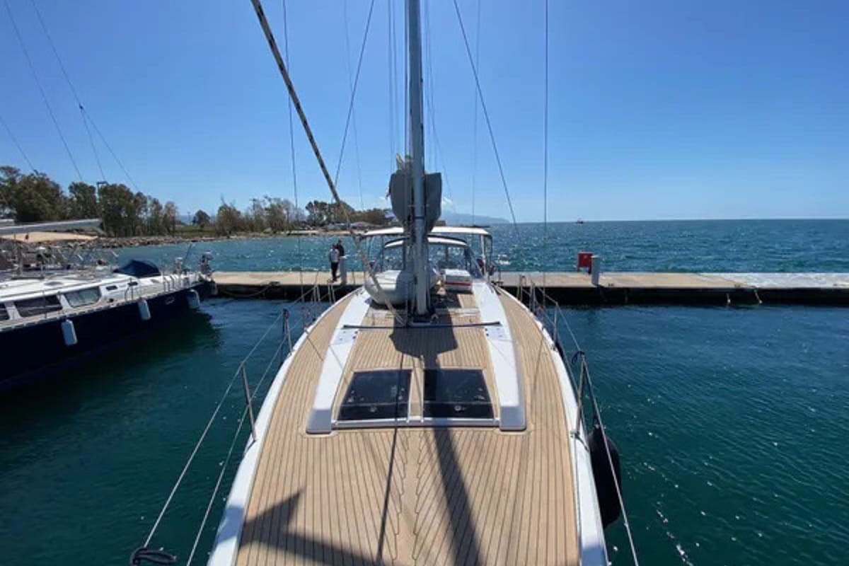 Deck of Zoe, a Hanse Yachts Hanse 458 sailboat at Municipal Unit of Ellomenos, Greece