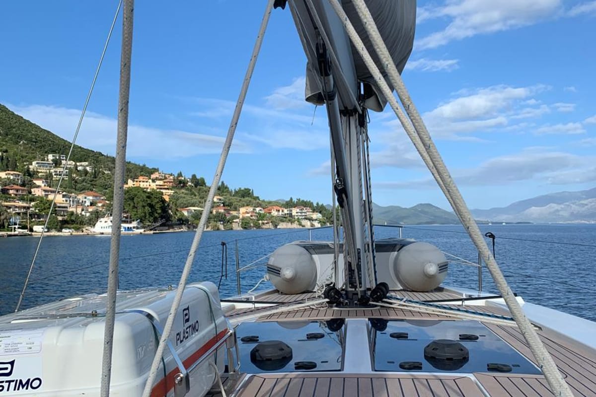 Deck of Zoe, a Hanse Yachts Hanse 458 sailboat at Municipal Unit of Ellomenos, Greece