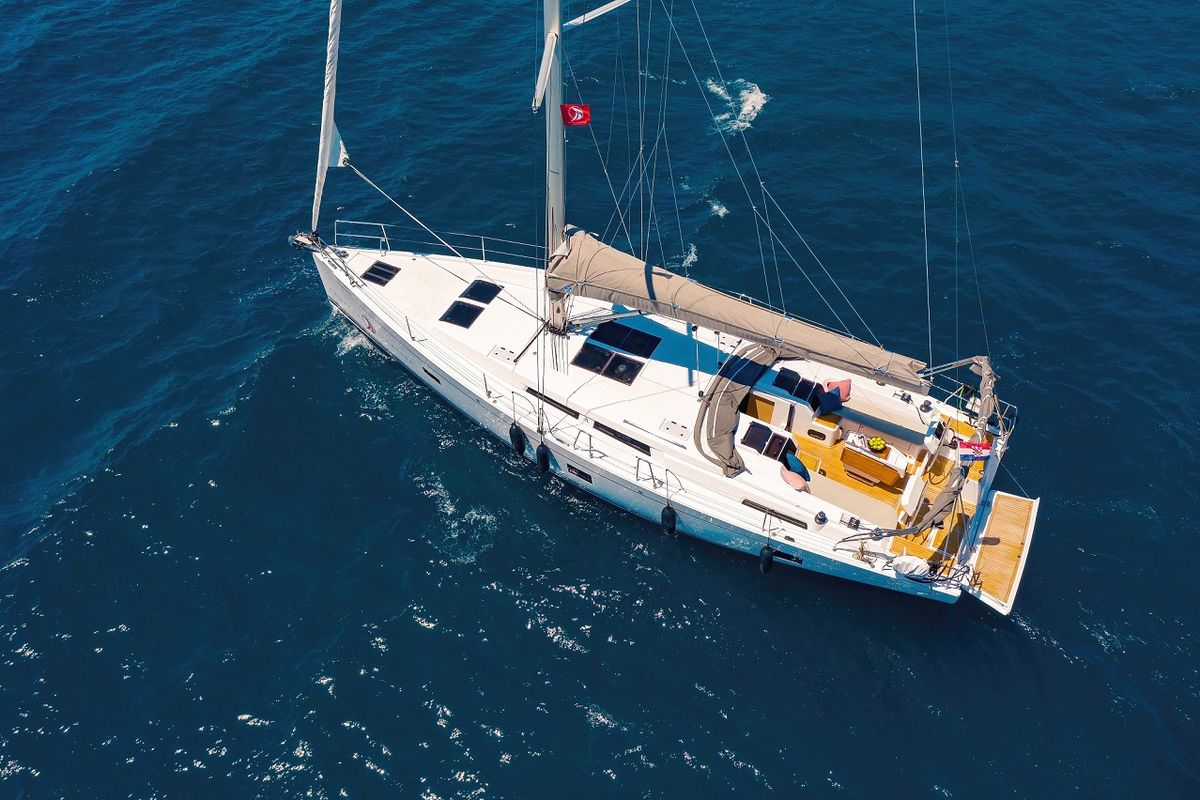 Exterior view of One Life, a Hanse Yachts Hanse 458 sailboat at Seget Donji, Croatia