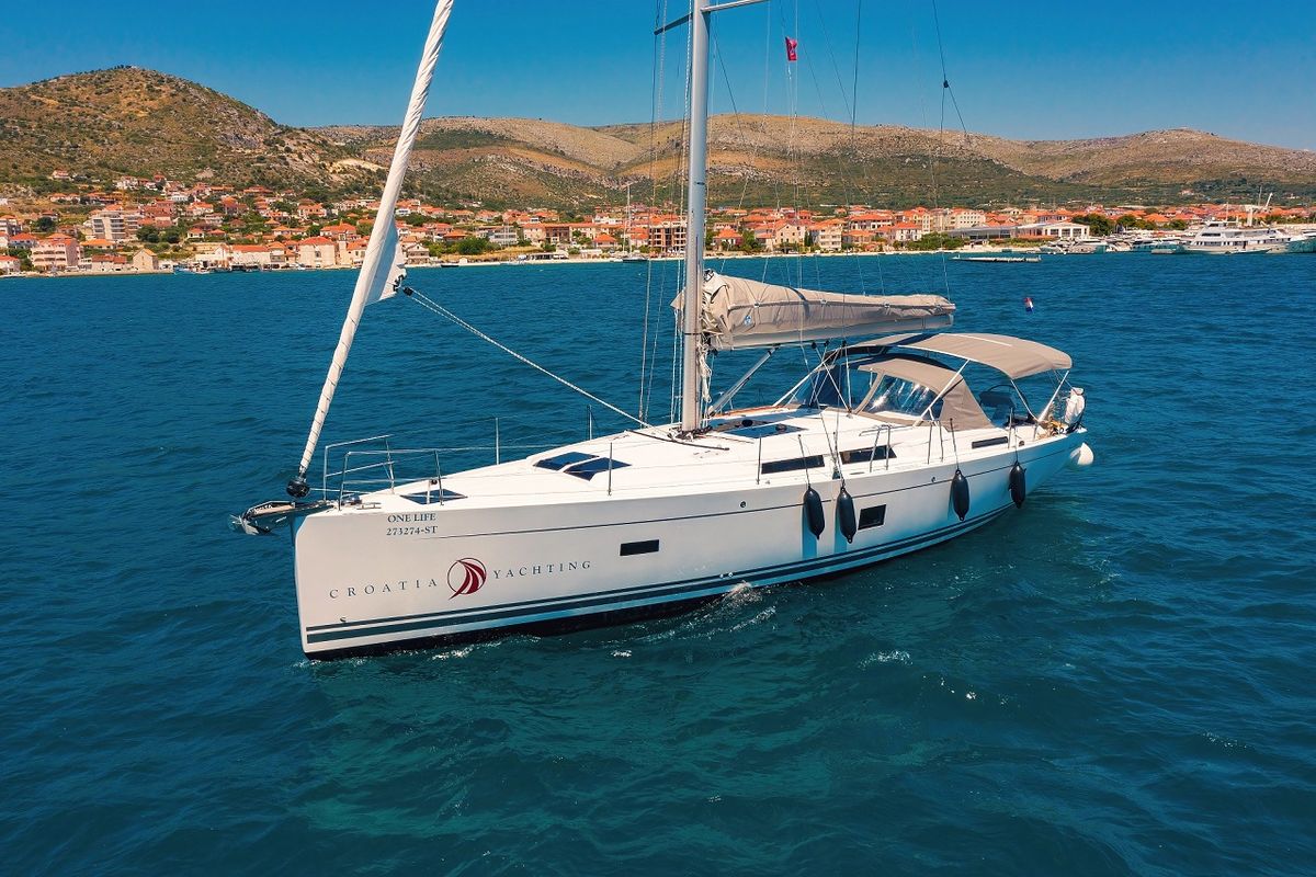 Exterior view of One Life, a Hanse Yachts Hanse 458 sailboat at Seget Donji, Croatia